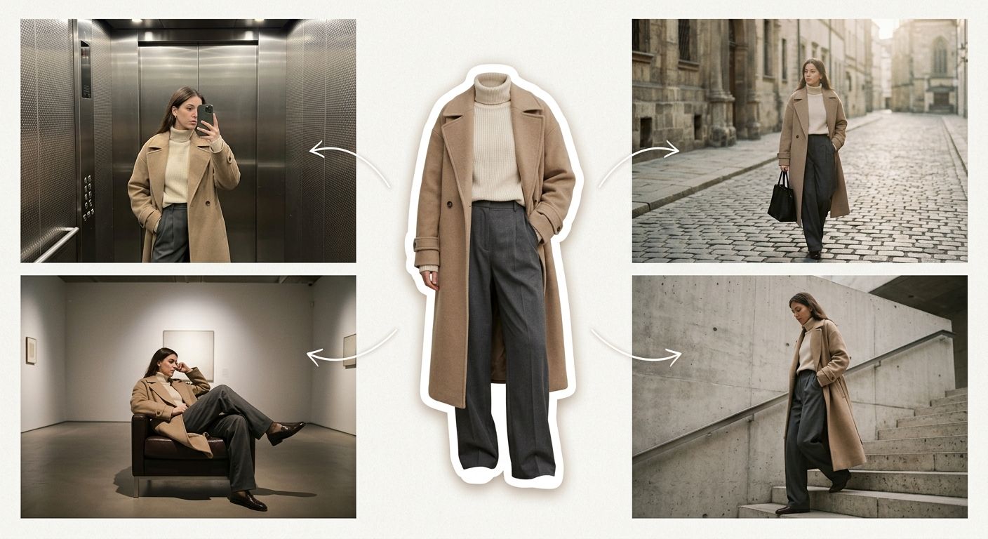 Minimalist beige trench coat fashion collage